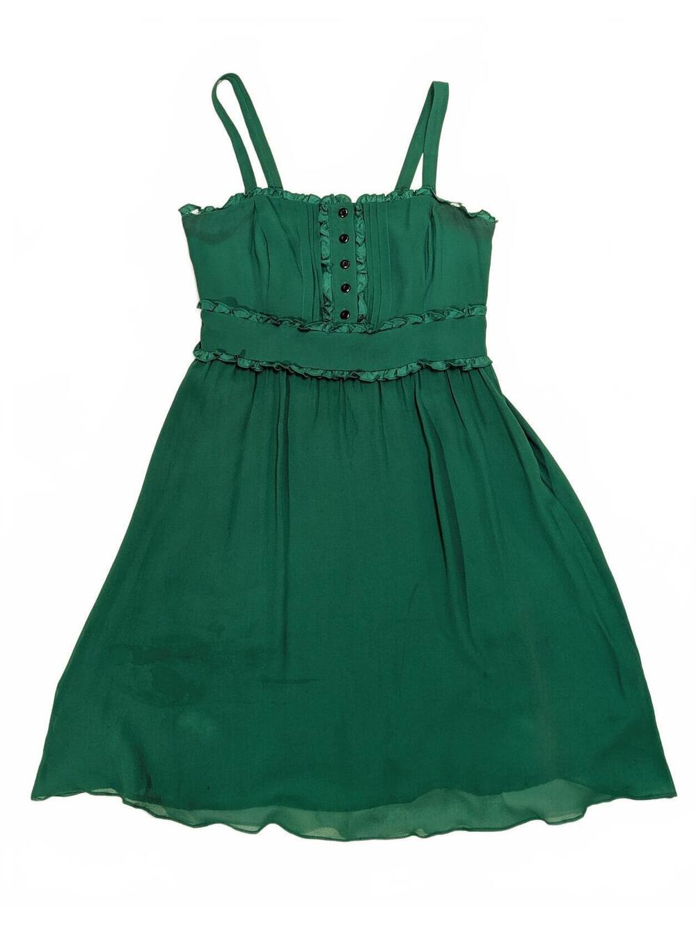 Moulinette Soeurs Anthropologie 100% Silk Green Dress Ruffle Bodice Size 4